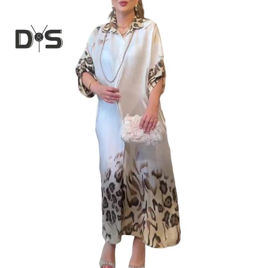 Lady Spring Maxi Dress Lapel Leopard Print Long Sleeves with Cufflink Loose Single-breasted Vintage High Waist Casual Daily Dress