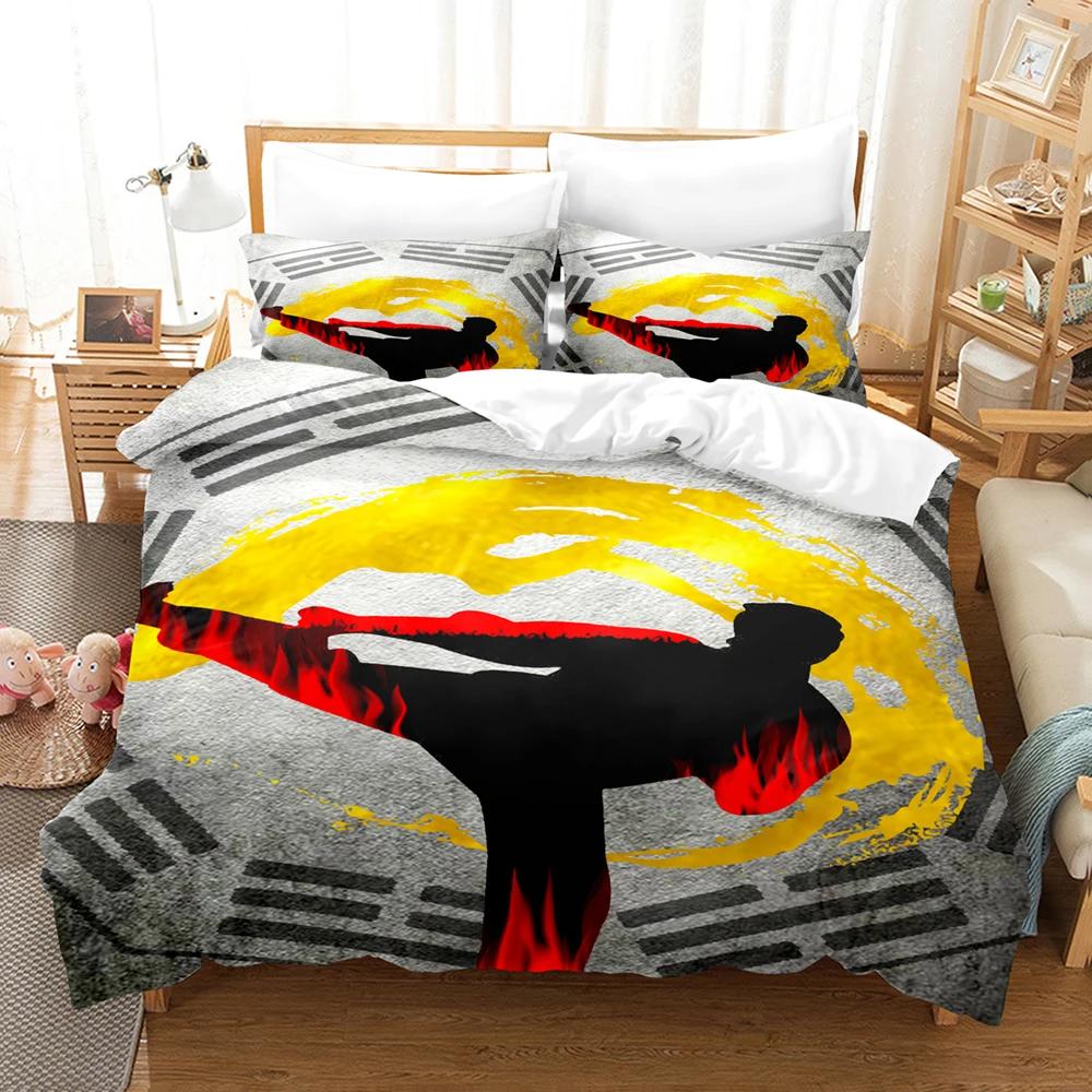 Chinese Kungfu Duvet Cover Black Cartoon Martial Artist Silhouette for Adult Teens Boys China Cultural Theme Bedroom Decoration
