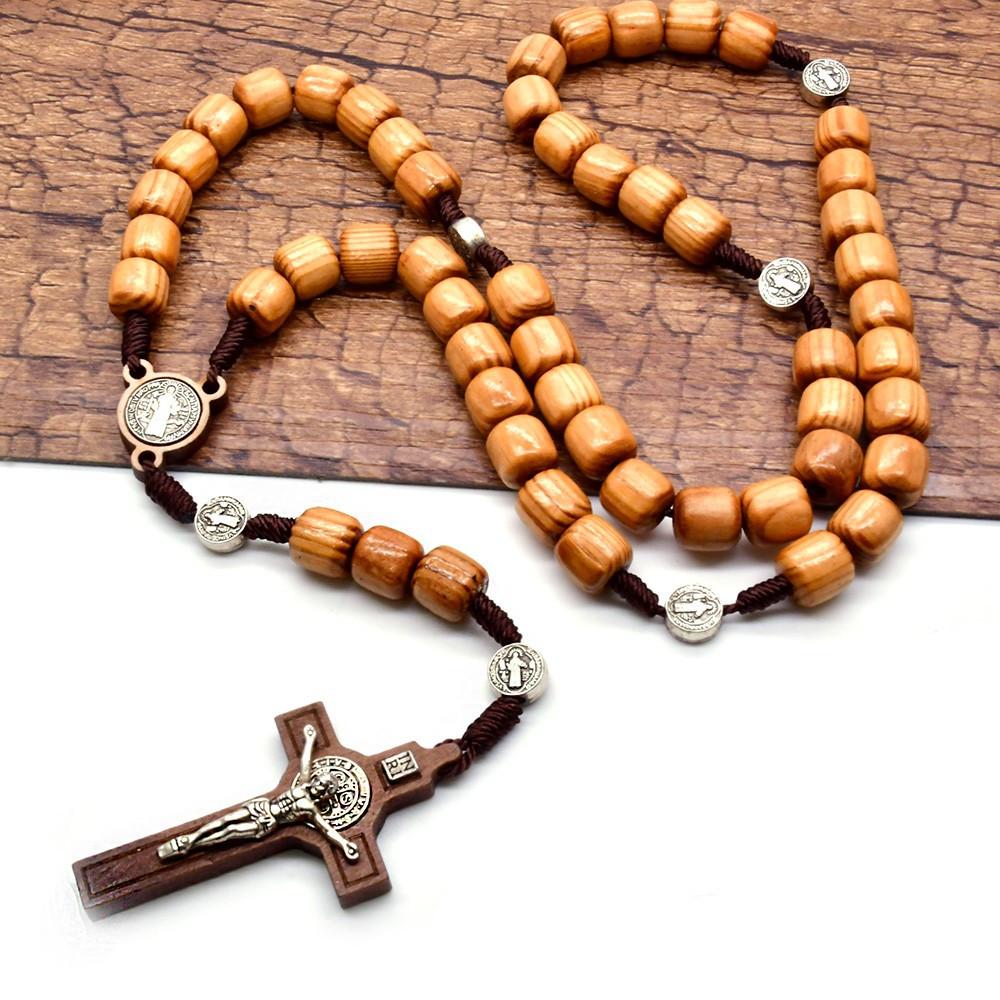 Wood Column-shaped Rope Braided Prayer Beads Cross Necklace Pendant Saint Benedict for Men Women Religious Jewelry
