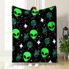 Green Alien Pattern with Peace Signs Patterned Flannel Blanket Perfect for the Bedroom Living Room, Sofa, or a Little Nap