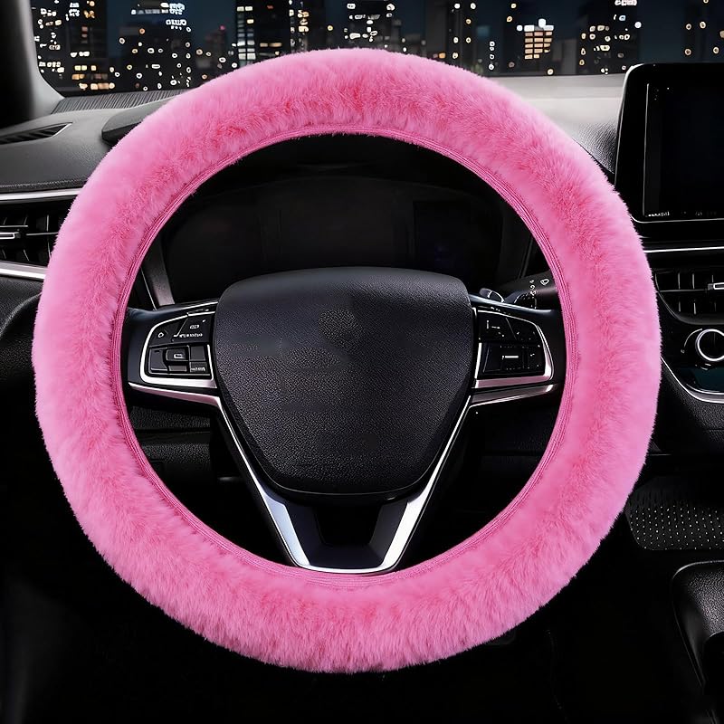 Furry Car Steering Wheel Cover, Fluffy Cover, Soft Warm Plush Non-Slip, 14 1/2-15 Inch, For Women Girls, Pink