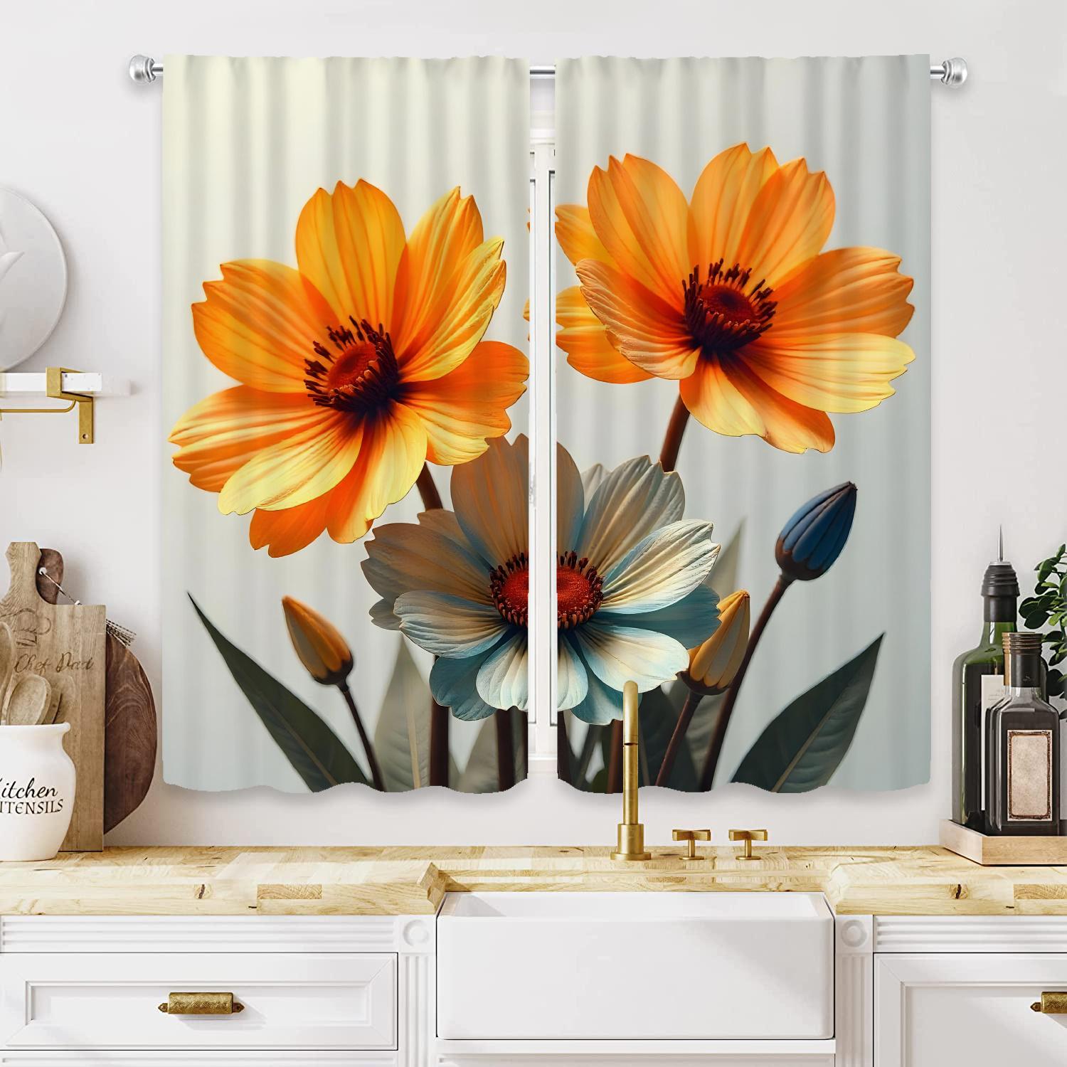 

2pc Orange and blue floral pattern curtains polyester fabric machine washable suitable for bedroom living room decoration 100*130 HOOK 1pcs