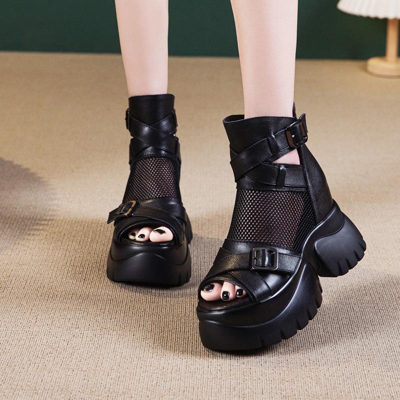 Soft leather Roman sandals high waist 2025 summer new thick-soled summer heightening fish mouth boots muffin hollow cool boots breathable