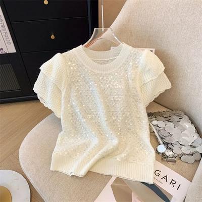 Maglietta Estiva da Donna Girocollo Manica Corta Maglia Paillettes Francesi Top Pullover Dolce Invecchiamento