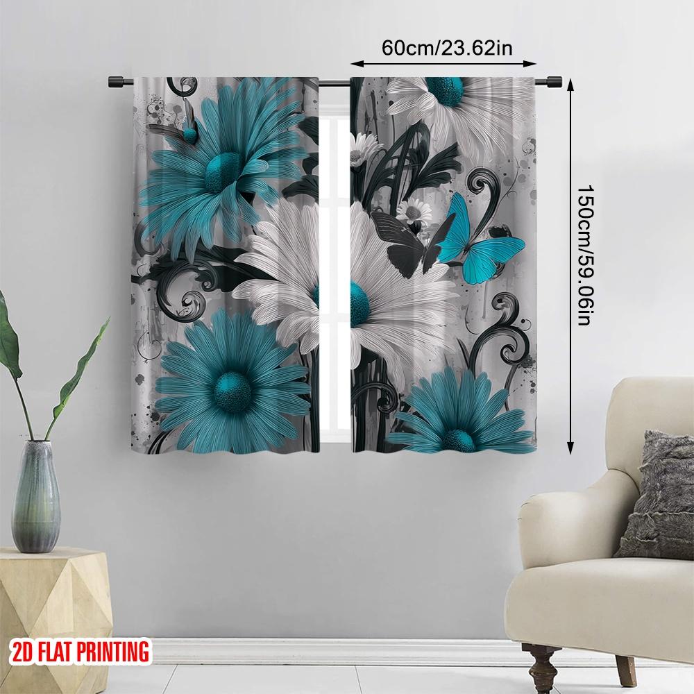 2pcs,2D Plane Printing Curtain Fabric Butterfly Bloom Versatile Polyester (without Rod) Decorations Inside for Season Home Decor