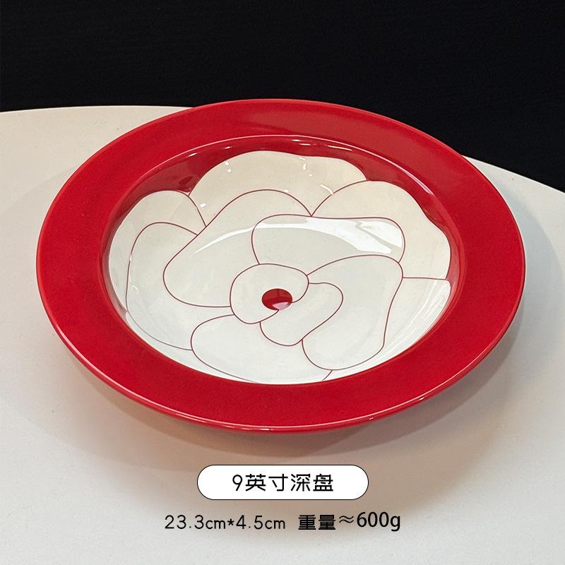 Red Camellia High-Value Ceramic Dishes, Tableware, Souvenir, Wedding Gift, Housewarming, New Home Dish Set