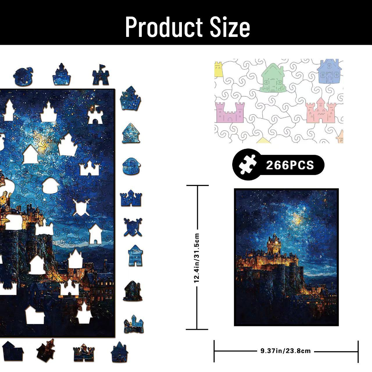 

Starry Sky Castle Wooden Irregular Jigsaw Puzzle - Relaxing Educational Toy for All Ages.