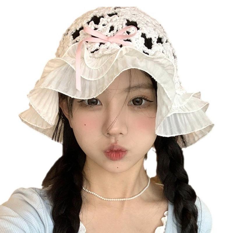 Summer Spring Crochet Bucket Hat Woman Commutes Camping Taking Photo Fisherman Hat with Pleated Trim for Girlfriend