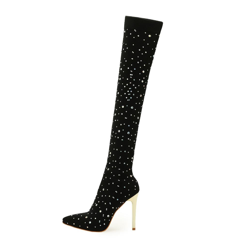 Eilyken Sexy Runway Crystal Stretch Fabric Sock Over the Knee Boot Thigh Stiletto High Pointed Toe Woman Shoes Size:35 43