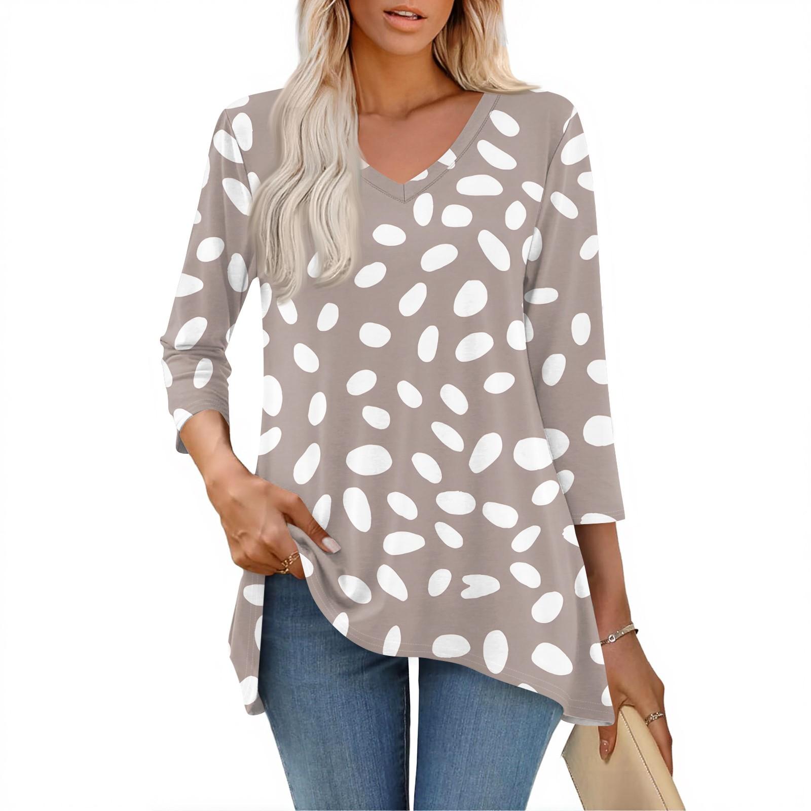 

Женские топы с V-образным вырезом и рукавом 3/4, повседневные блузки средней длины, модные туники с принтом XL