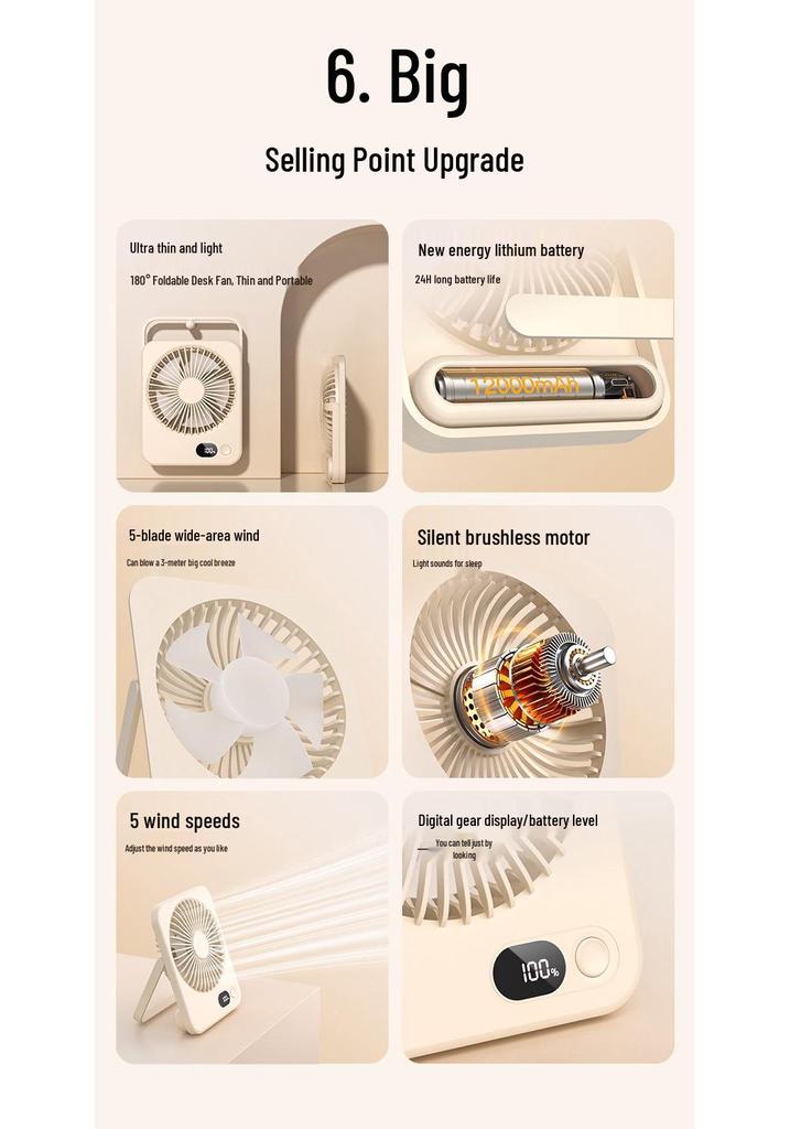 Ultra Quiet USB Rechargeable Mini Desk Fan for Office, Dorm, or Bedroom