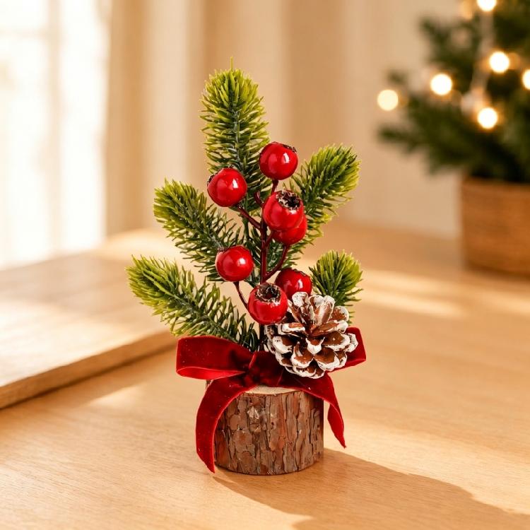 Wood Base Christmas Tree with Faux Branch Detail for Desk, Shelf, Counter, Entry Table, and Shop Front Display