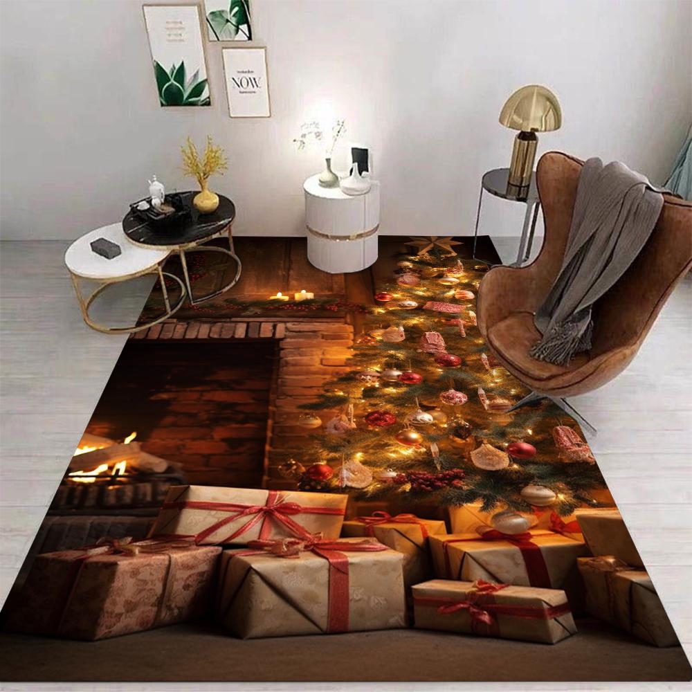 Vintage Christmas Fireplace Background Carpet Christmas Tree Gift Garland Indoor Home Christmas Decoration Carpet