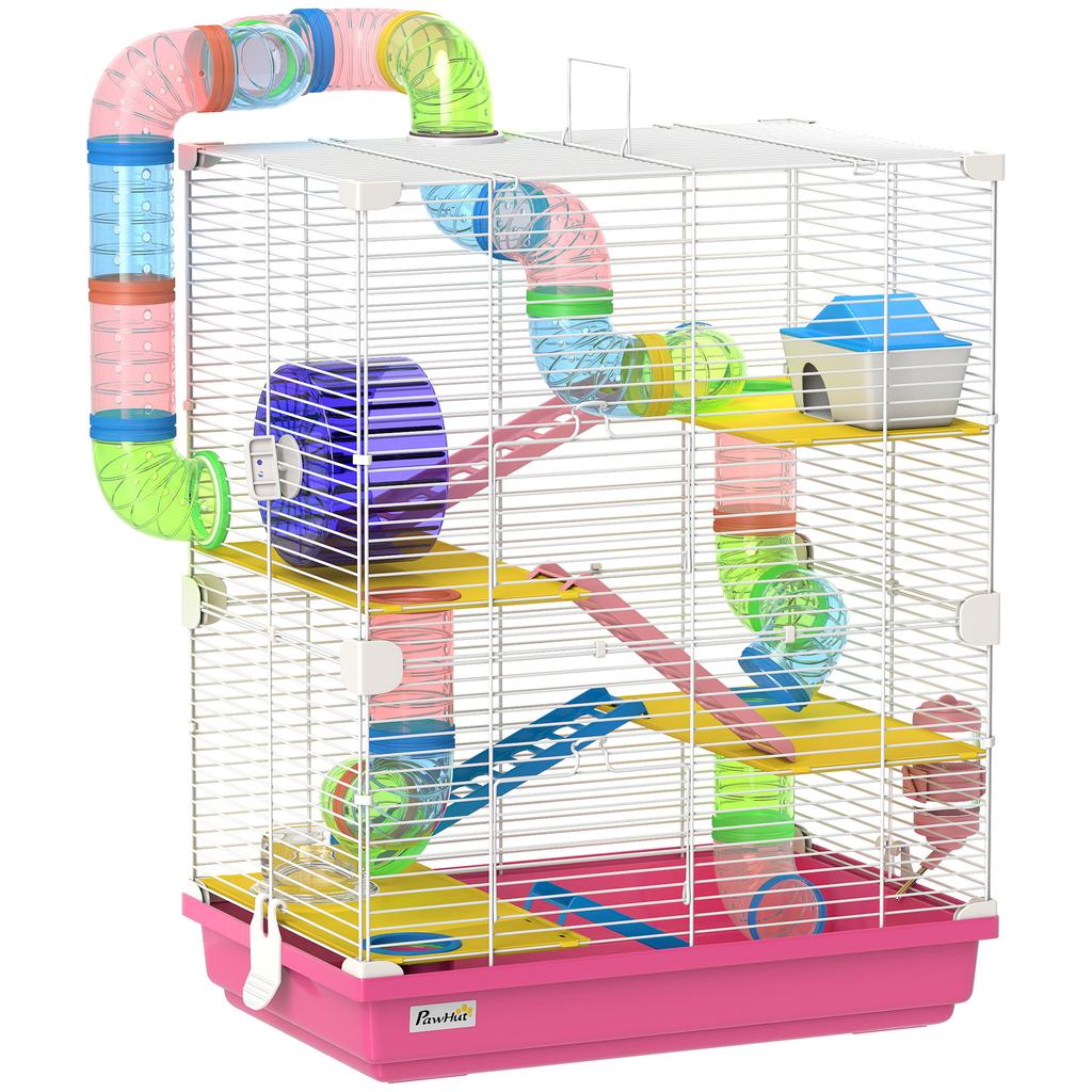 Hamster Cage, 5-Tier Rodent Cage, Tunnels, Feeder, Wheel, House, Ladders, 46 x 30 x 58 cm, Pink