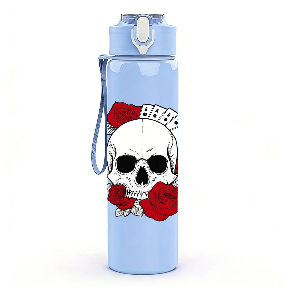 1PC Skull Red Rose Pattern 750ml Color Plastic Sports Water Bottle Leakproof Flip Straw Lid Suitable for Sports Office Home Use