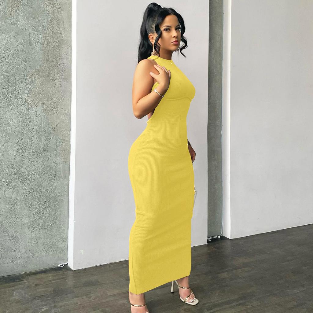 Women European Sexy Backless Halter Neck Sleeveless Slim Fit Long Bodycon Dress
