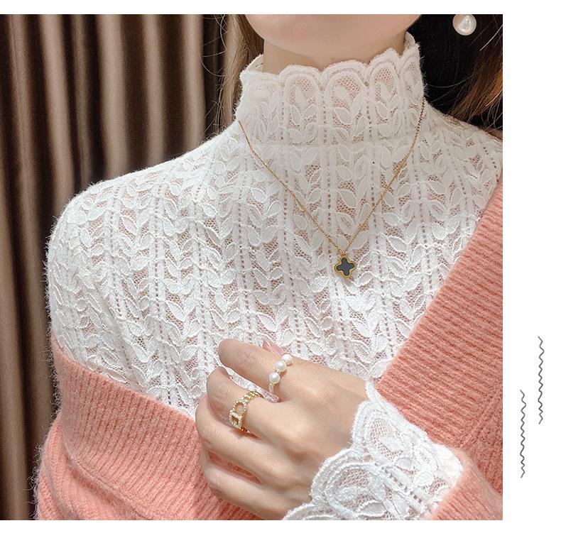Women's 2025 Lace Stand Collar Velvet Shirt - Long Sleeve, Thickened Slim Fit Base Layer for Autumn and Winter