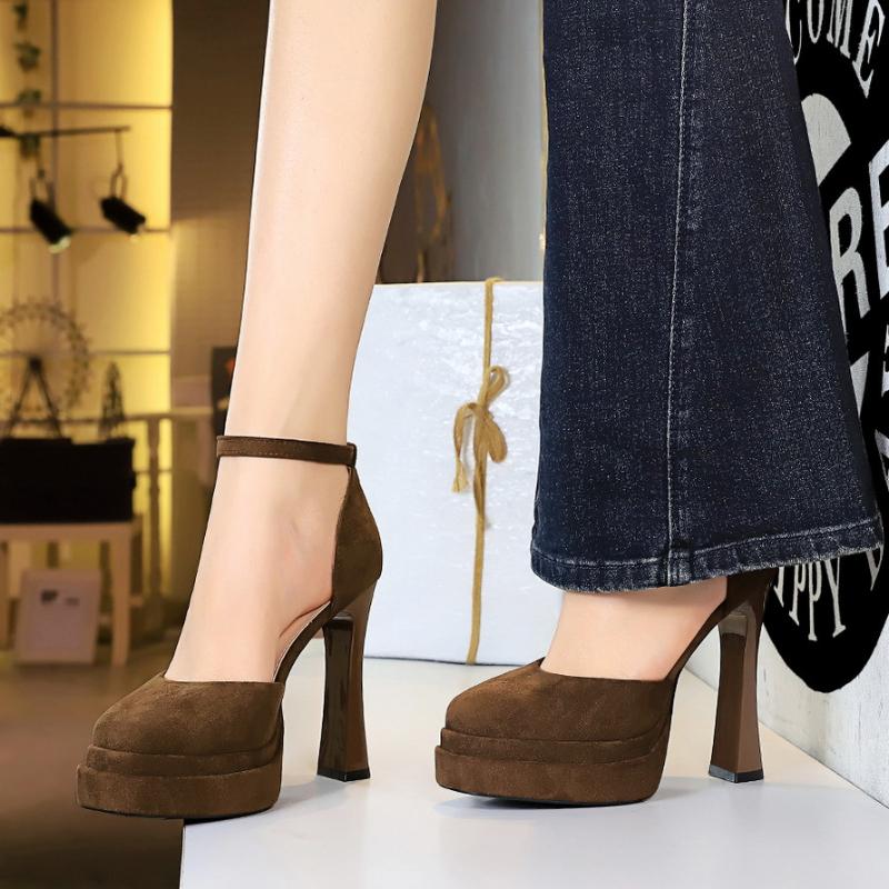 Korean Version Air-Quality Shallow Mouth Round Toe Suede Super High Heels Thick Heels Waterproof Platform One-Strip Sandals