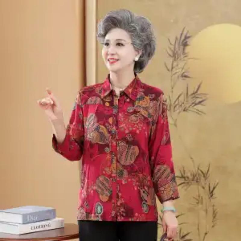 Women's Vintage Fan Print Blouse Three-Quarter Sleeve Button-Down Casual Shirt for Elderly