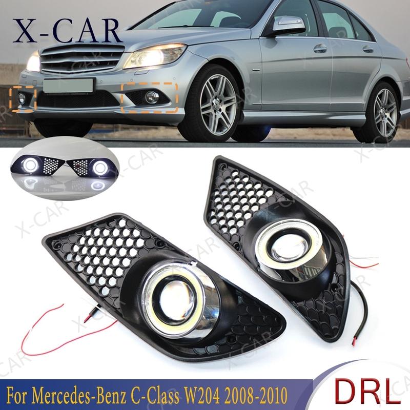 1Pair LED DRL Daytime Running Light For Mercedes-Benz C-Class W204 2008-2010 Front Bumper Fog Lamp Grille Cover Frame