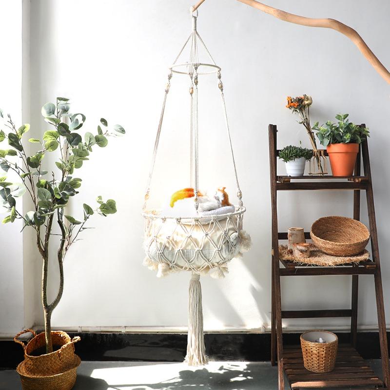 Bohemian Woven Cat Nest Hammock with European Mesh Pocket Summer Pendant Cat Hammock Swing Hanging Pet Bed for Cats