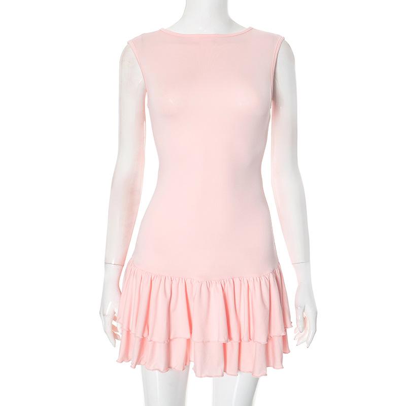 GMXIA Women's Summer Color Contrast Crewneck Sleeveless Lace Fashion Sexy Short Dress Women