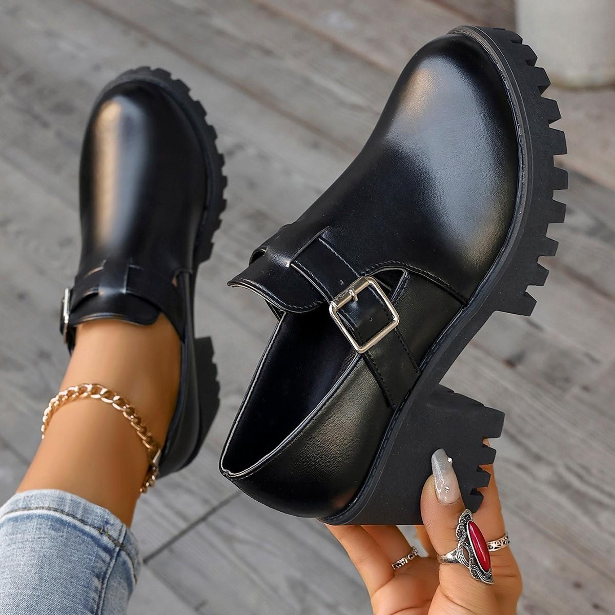 

2025 spring and autumn large size round head high heel fashion single shoes women s printing multi-color European and American belt buckle thi 42 чорний