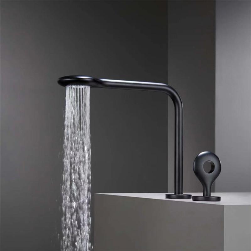 Gebürstete Gold Waschtischarmatur Vollmessing Schwarz Badezimmerarmatur Graue Spültischarmaturen 3-Loch Heiß und Kalt Wasserfallarmatur Wasserhahn