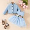 Autumn/Winter Long Sleeve Short Cardigan & Mesh Applique Dress Set with Skirt