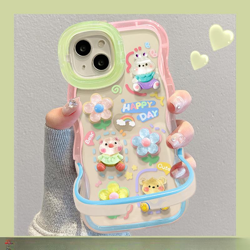 Applicable To IPhone13pro Apple 15 Mobile Phone Case 14 Bear Flower Boobs Chain 12 Invisible Double Bracket Women