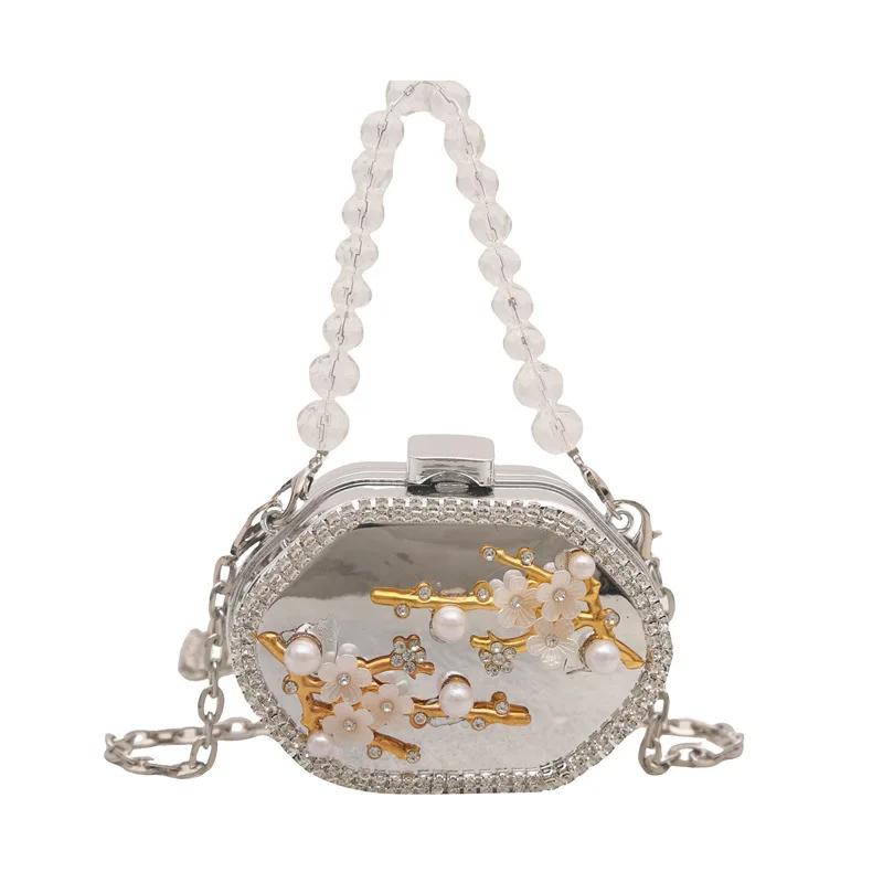 Metal Mini Bag Rhinestone Tassel Shoulder Bags Women's Chain Crossbody Chain Box Bags Gold Evening Bag