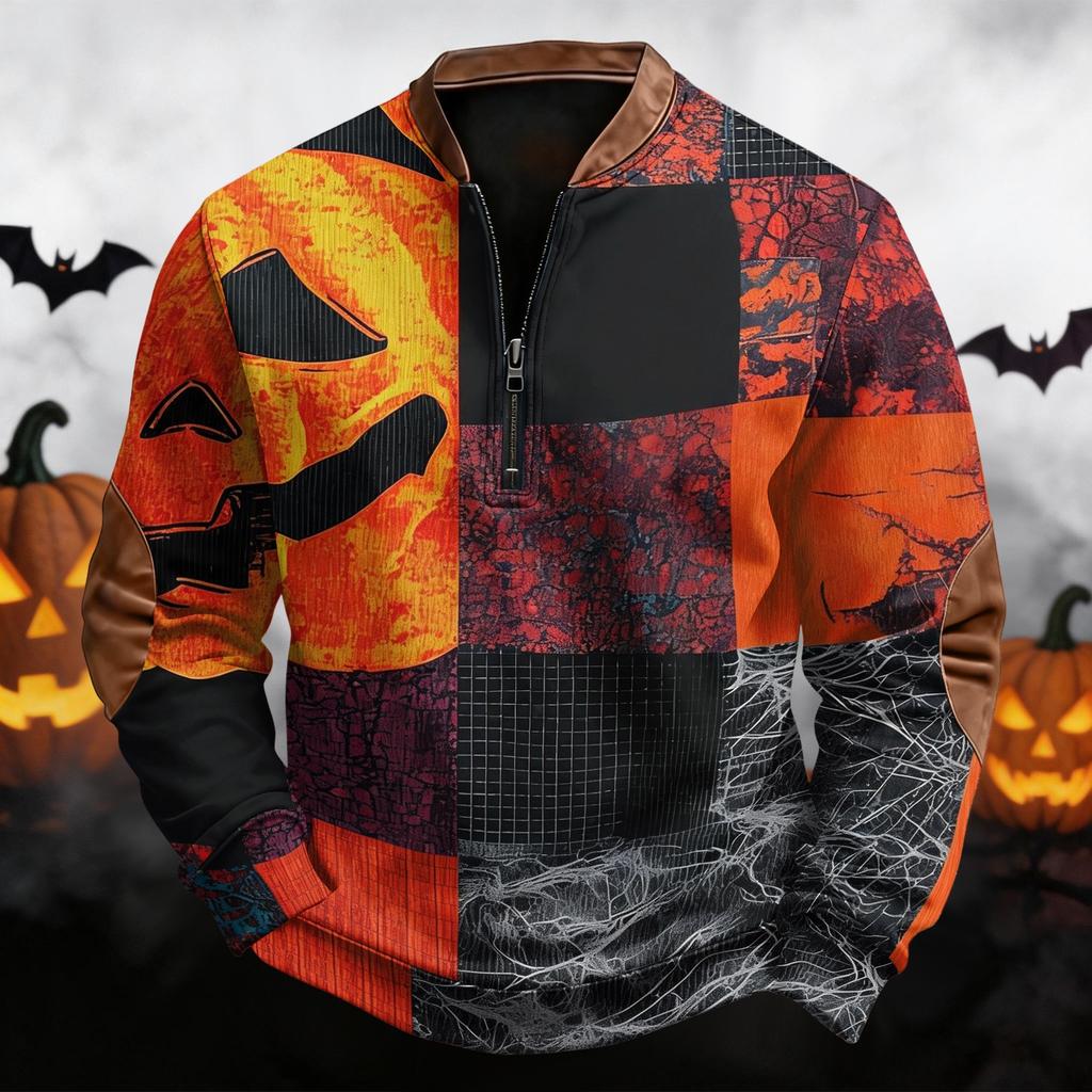 Men's Casual Retro Half Zip Long Sleeve Sweatshirt with Halloween Print