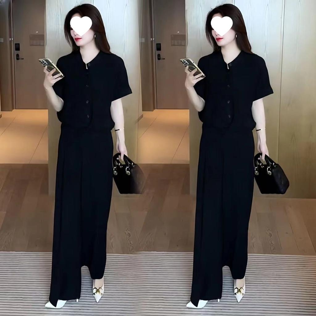 Fashionable Women's Summer Stylish Loose-fitting Slimming and Belly-covering Short-sleeved Wide-leg Pants Set