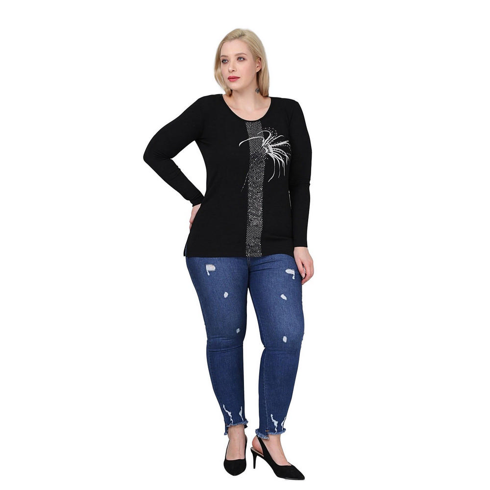 Fierte Bluz Mărimi Mari Dama Rg6800 Guler Rotund Detaliu Pietre Mânecă Lungă Tricot Fin Negru