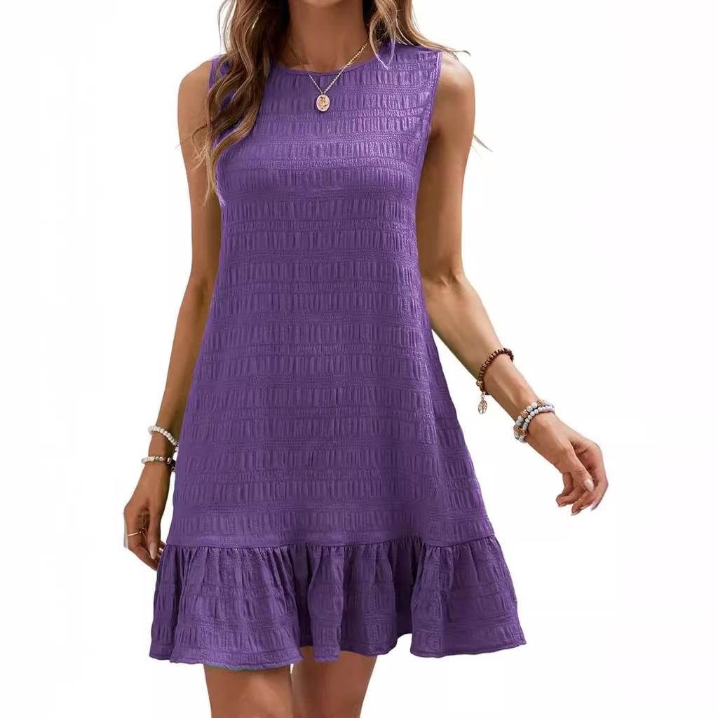 Pleated Fabric Dresses Women O Neck Pullover Sleeveless Splice Hem Dress Female Summer Comfortable Casual Commuter Gown