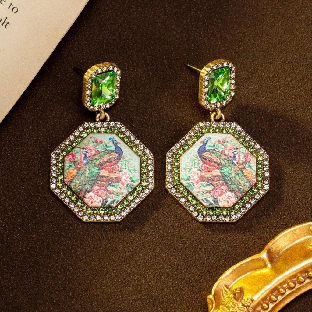 Medieval vintage octagon diamond peacock mural earrings heavy industry temperament light luxury earrings medieval earrings