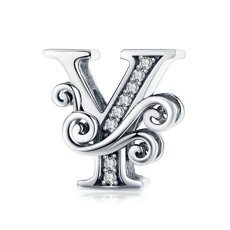 BAMOER Classic 925 Silver Letter Vintage A to Z 26 Letter Charms Openwork CZ Alphabet Beads Fit Charm Bracelet BSC030