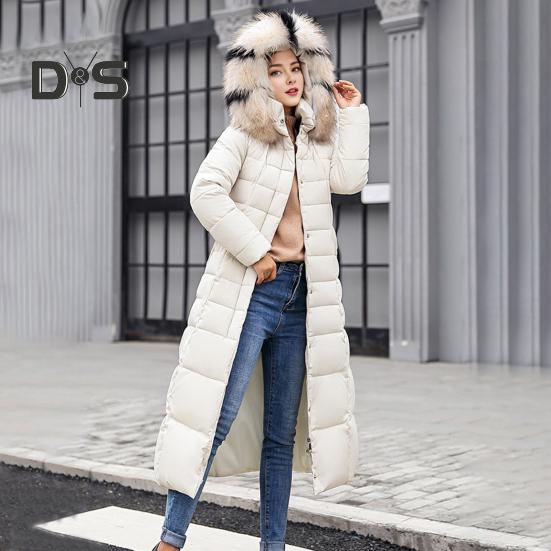 Winter Women Cotton Jacket Detachable Hood Neck Protection Long Sleeves Pockets Knee Length Zipper Closure Padded Coat Solid Color Windproof Outwear