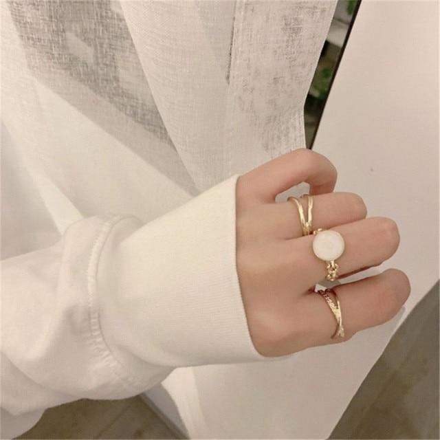 Hip Hop Rock Gold Color Chain Rings Set Girls Punk Geometric Sleek Minimalist Finger Rings Women Trend Jewelry Accessories Celebration Party Event