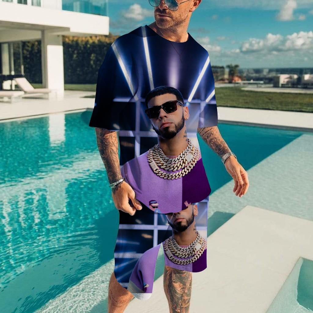 Men T-shirt Sets Rapper Anuel AA 3D Print Fashion Tracksuit T Shirts Shorts 2 Pieces Male Streetwear Oversized Suits Sportswear