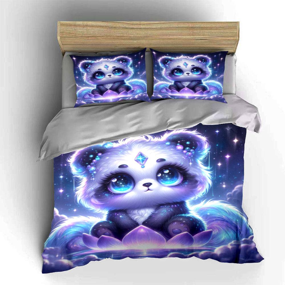 Dreamy Lotus And Starry Panda Duvet Cover Set With 3D Printing Design Soft Polyester Bedding Set All-Season Comfort For Gifts
