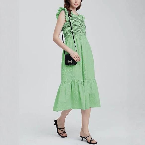 Pastoral 2026 summer embroidery pleated casual round neck high-end medium and long dress