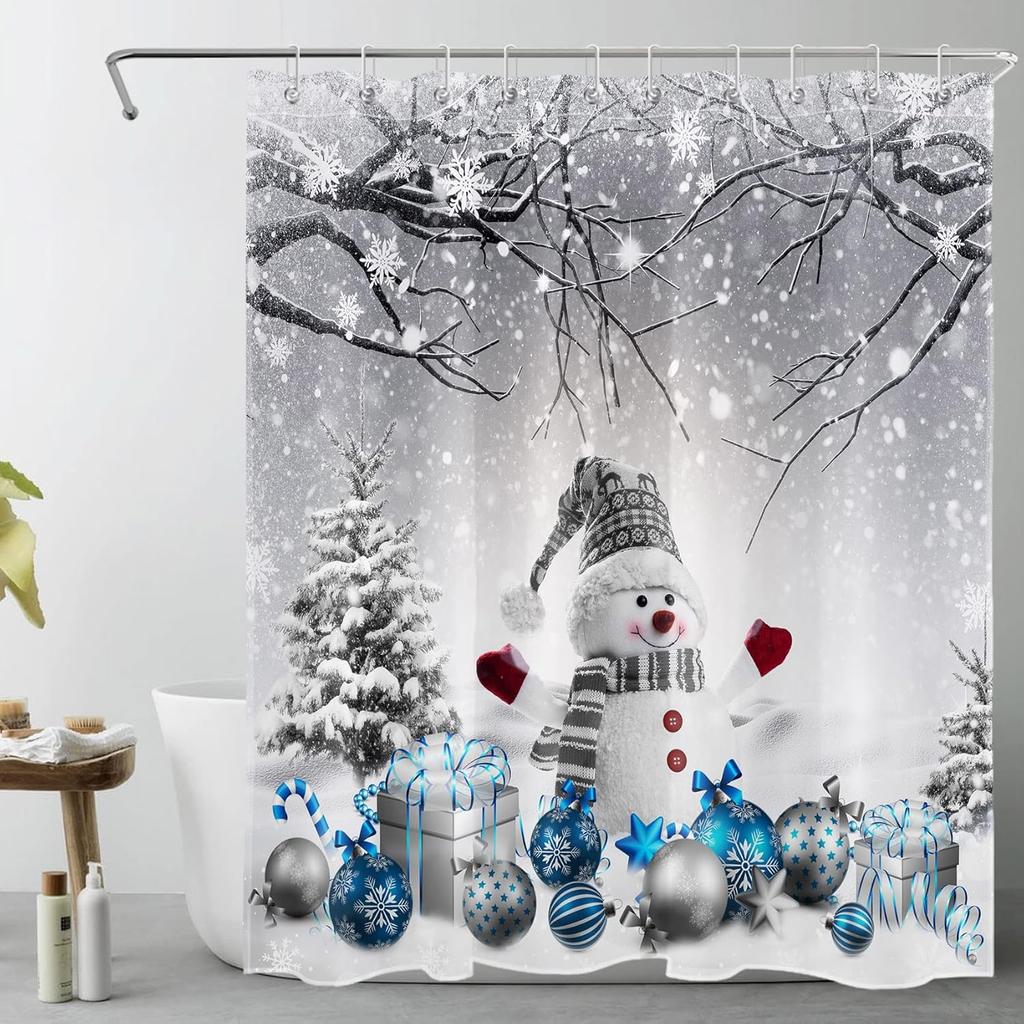 Winter Christmas Shower Curtain with Hooks, Cute Snowman in Snowy Forest Shower Curtain for Bathroom Decor Pine Tree Covered