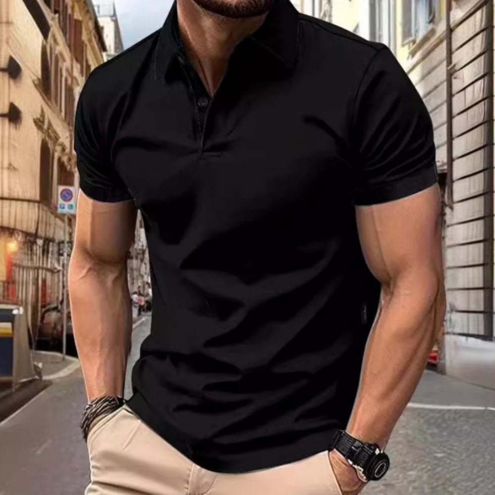

Мужская новая летняя рубашка с коротким рукавом, однотонный топ, модная узкая удобная рубашка с лацканами L чёрный
