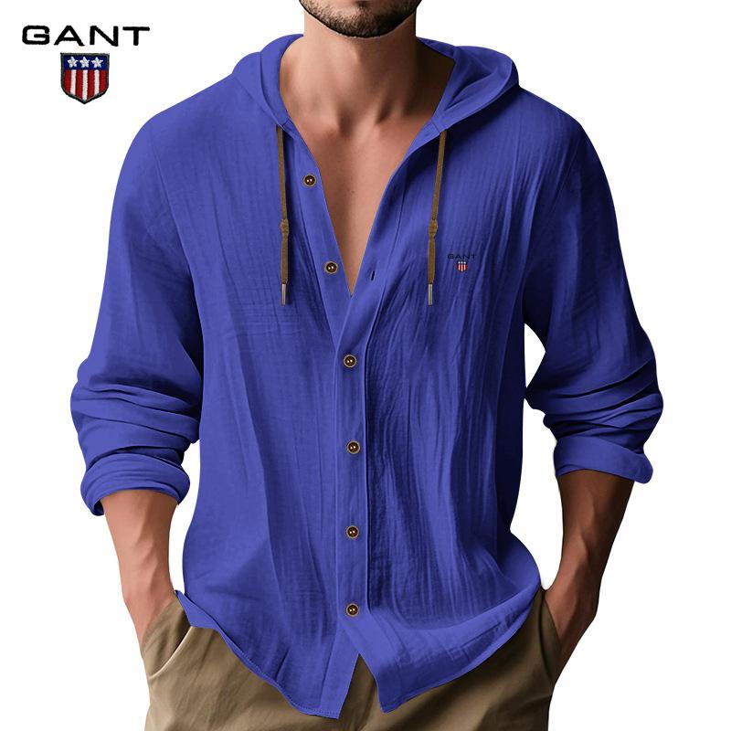 Gant Embroidery Men's Solid Color Casual Long Sleeved Shirt Hooded Drawstring Cotton and Linen Cardigan Trendy Versatile Loose Beach T-shirt
