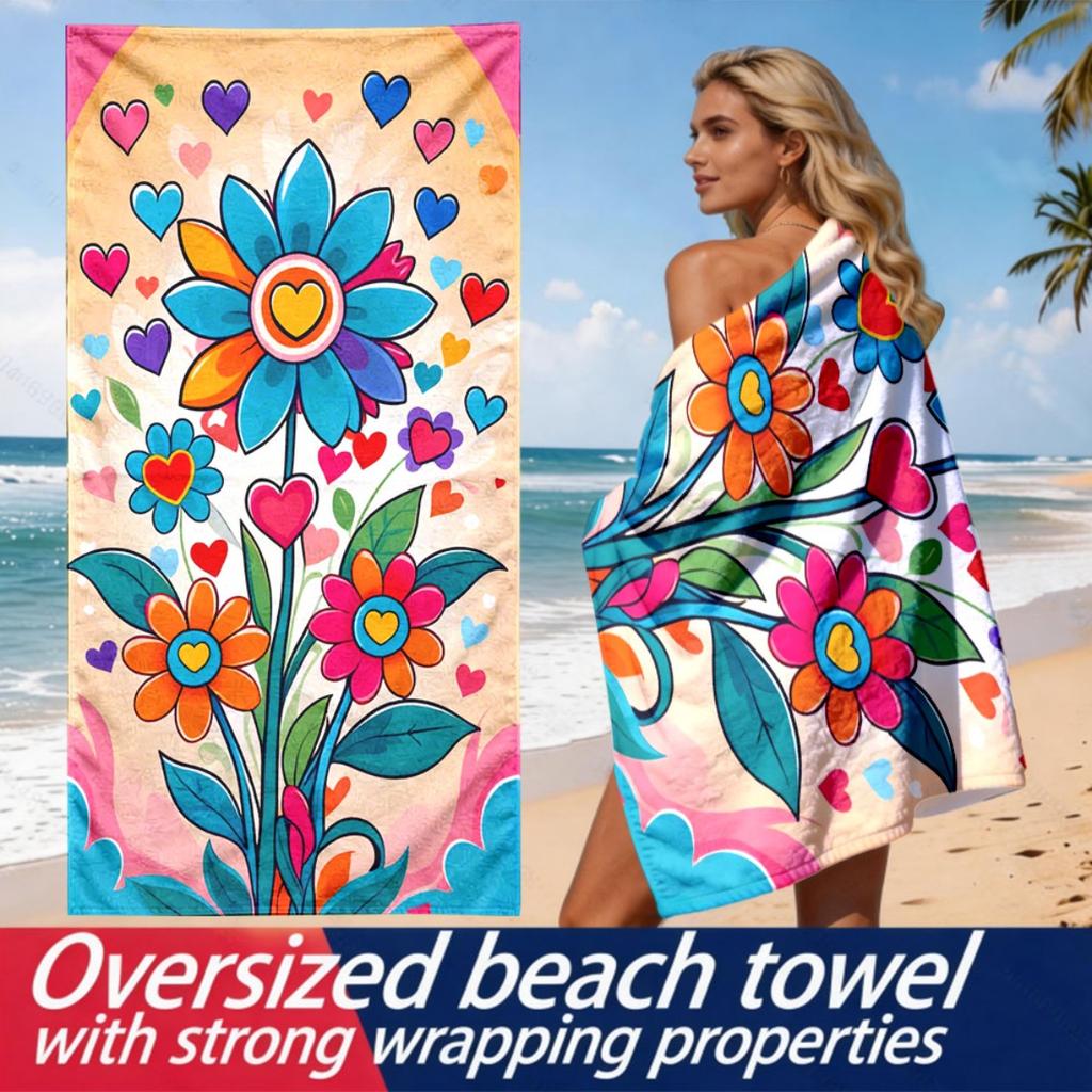 Pop style heart-shaped floral pattern polyester microfiber beach towel is highly absorbent, suitable swimming and beach outings