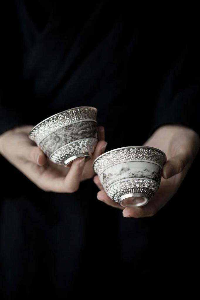 Master Cup Exquisite Sterling Silver lver Landscape Master Cup Ceramic Chinese Household Teacup Tea Cup Tea Set