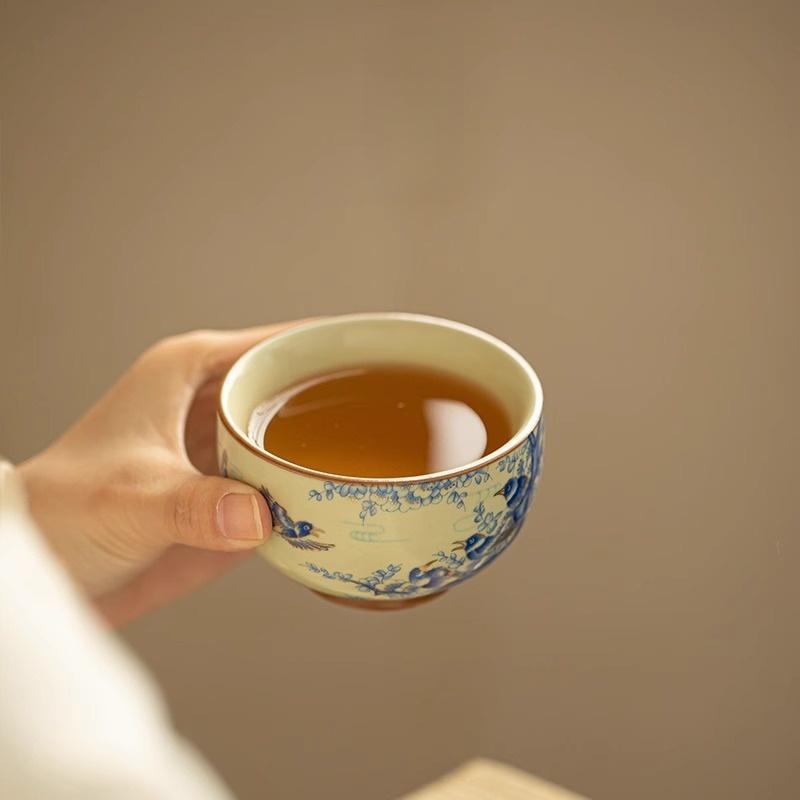 1 Pc Chinese Handmade Flowers and Birds Ceramic Tea Cup Ru Kiln Tea Bowl Household Master Teacup Travel Personal Tea Set 140ml