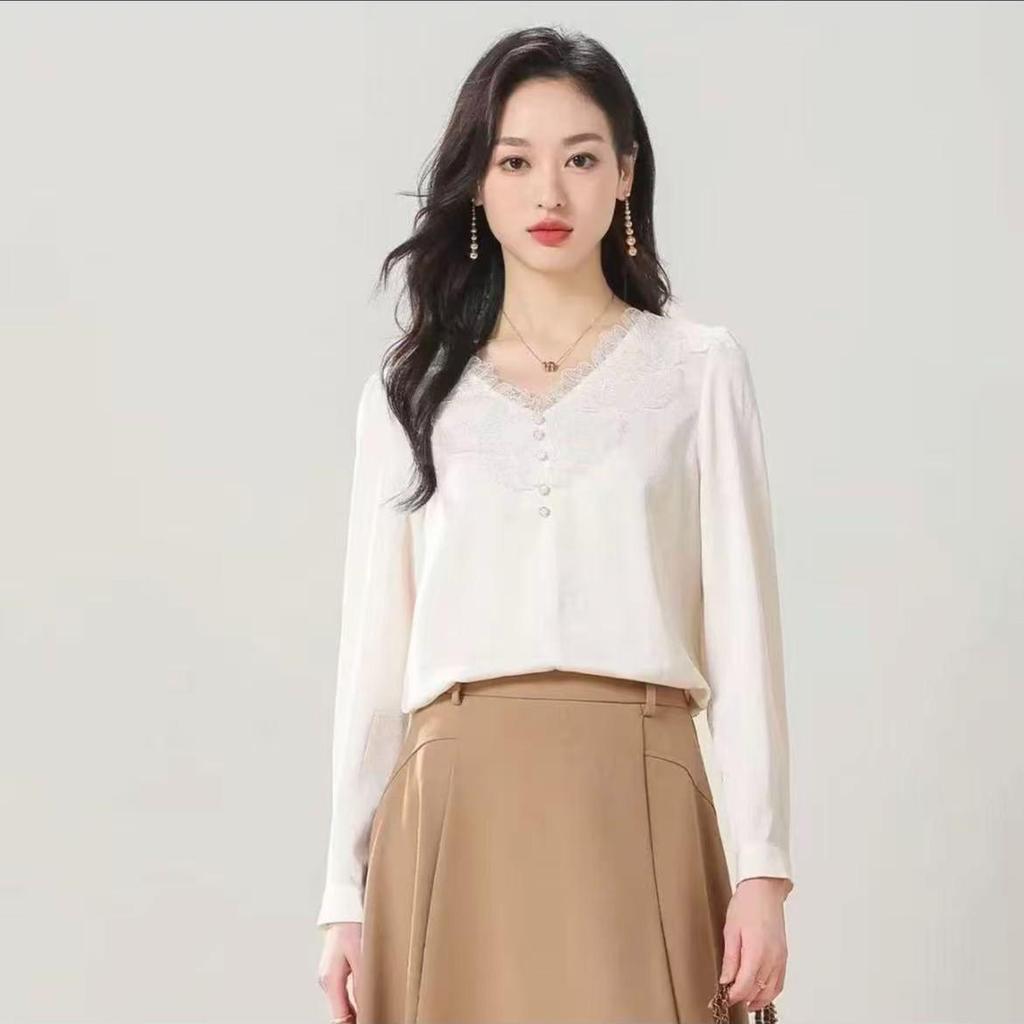 S069 Spring French Lace V-Neck Elegant Long-Sleeve Shirt