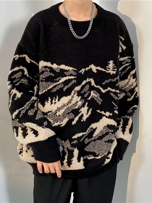 Men s Trendy Korean-Japanese Style Snow Mountain Sweater: Autumn/Winter Round-Neck Loose Knit Top 3XL чёрный